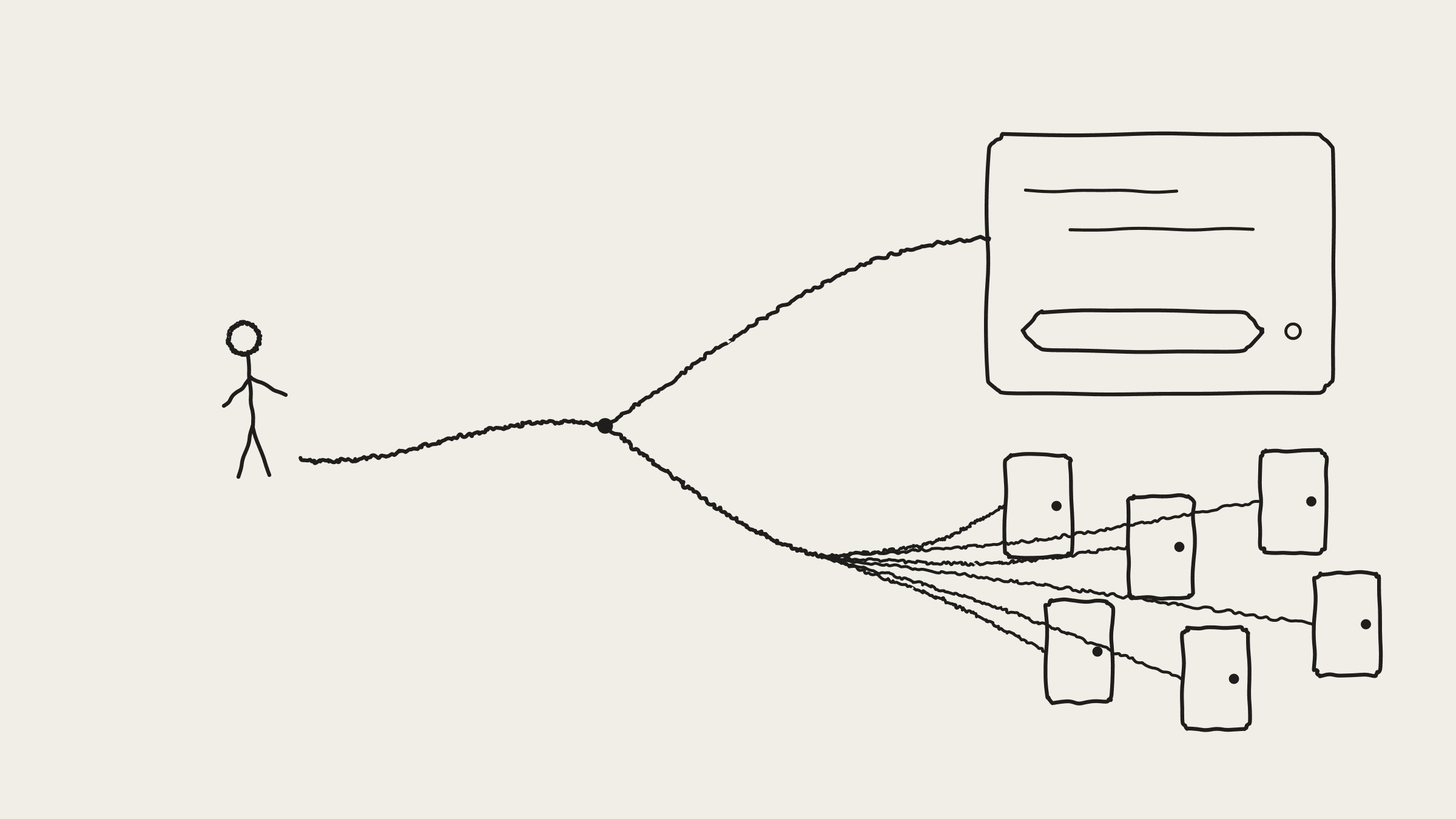 Hand-drawn sketch of a person at a fork - one path leads to a single chat window, the other fans out to many small doors