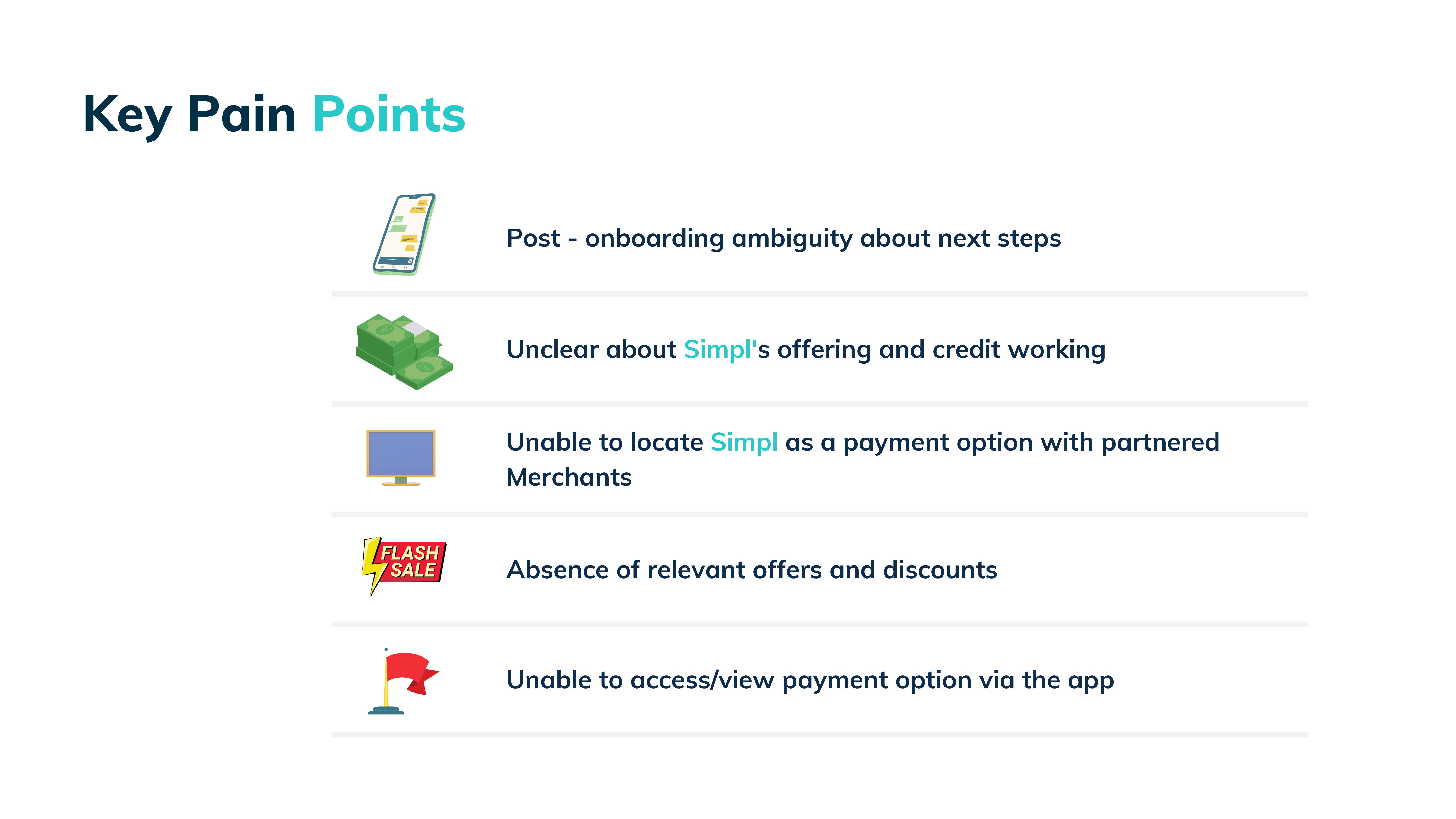 Key pain points: post-onboarding ambiguity, unclear credit model, merchant discoverability, no relevant offers, Billbox unavailable
