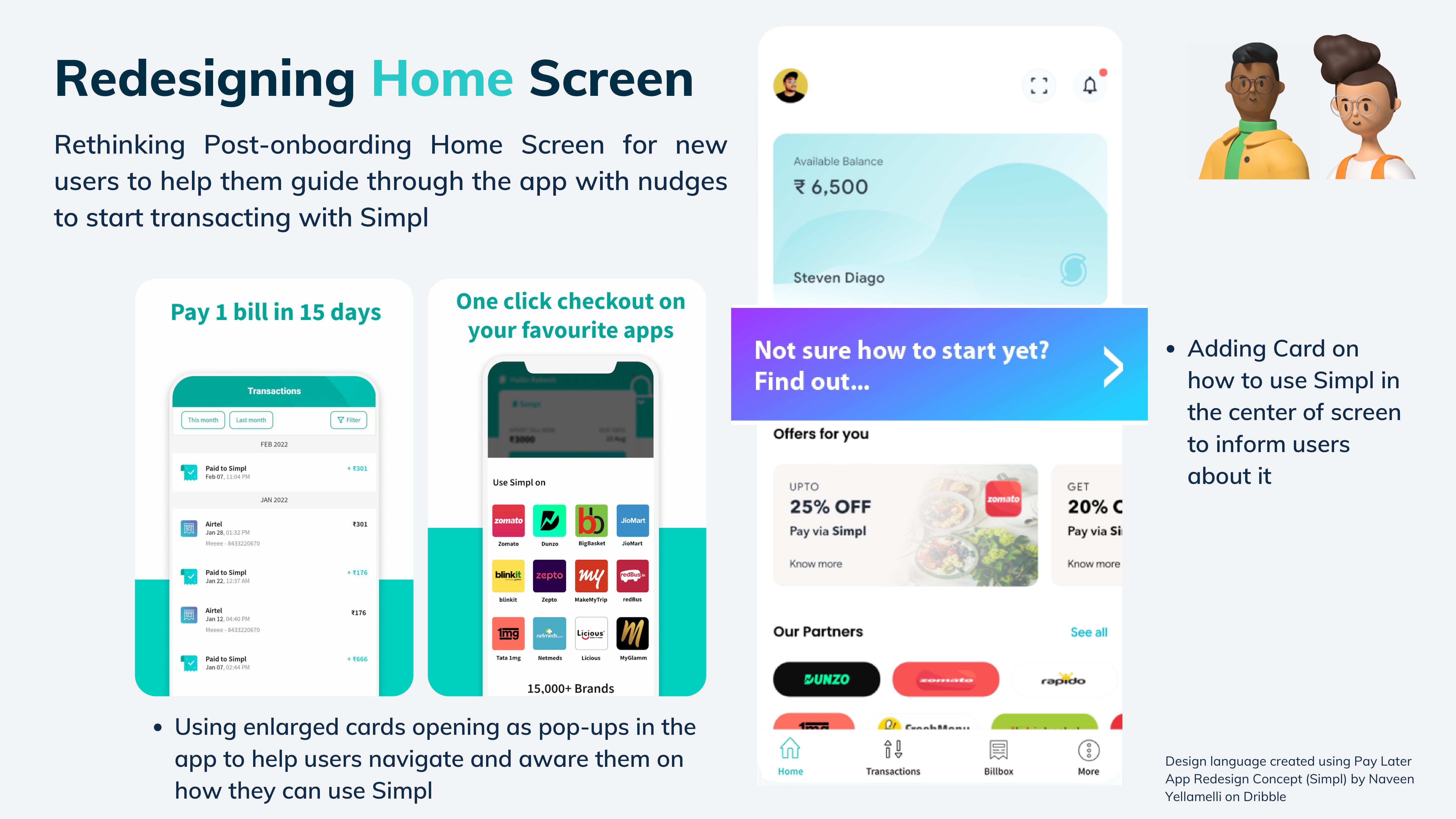 Redesigned home screen: education card, phone-matched merchants, personalised offers, Billbox in nav